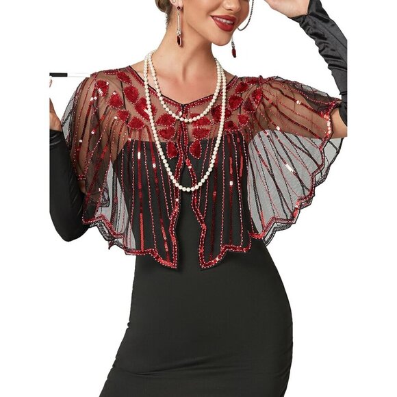 Accessories - Women's 1920s Sequin Flapper Shawl Wrap Mesh Evening Accessory Red